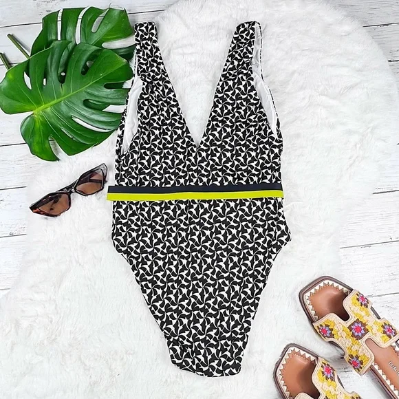 NEW Sz Medium La Perla Black White Printed Summer Winds Plunge One Piece Bikini - Picture 6 of 9